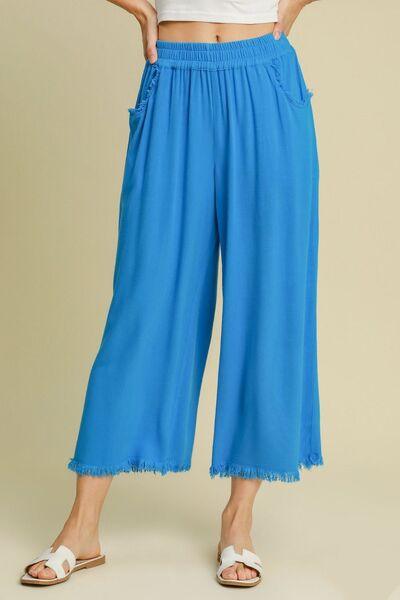Umgee Full Size Linen Blend Elastic Waistband Wide Leg Pants Sky Blue 1XL Pants