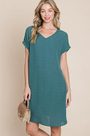 BOMBOM V-Neck Short Sleeve Dress with Pockets | Daverri Fashions