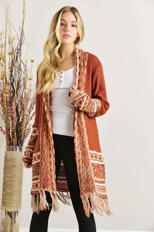ADORA Plus Size Fringe Hem Aztec Border Cardigan - DAVERRI FASHIONS