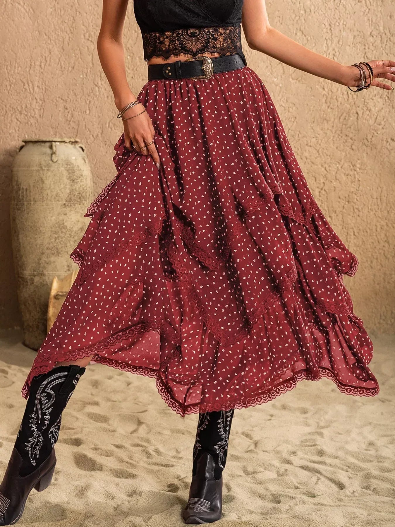 Lace Detail Layered Skirt - DAVERRI FASHIONS
