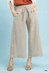 Umgee tan striped linen blend wide-leg pants with drawstring waist and pockets