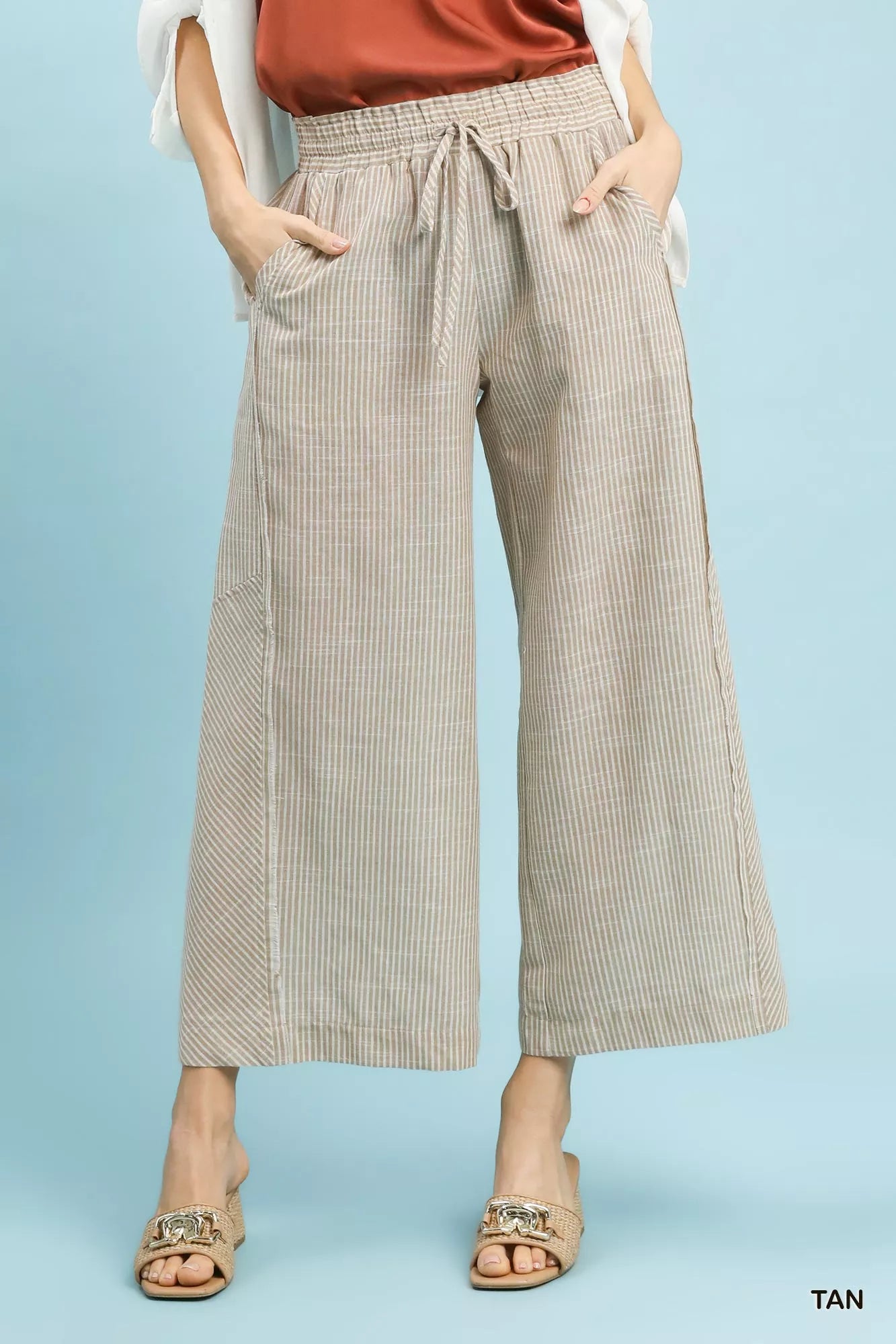 Umgee tan striped linen blend wide-leg pants with drawstring waist and pockets
