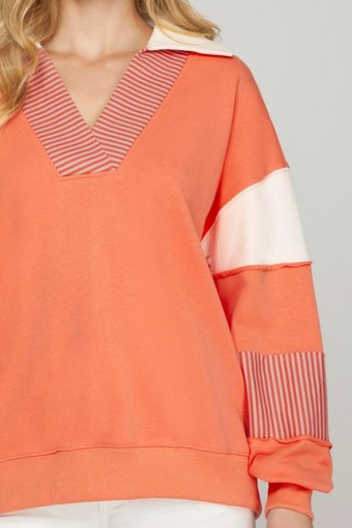 She + Sky Full Size Color Block Sleeve Johnny Collar French Terry Sweatshirt Plus Size Sweatshirts