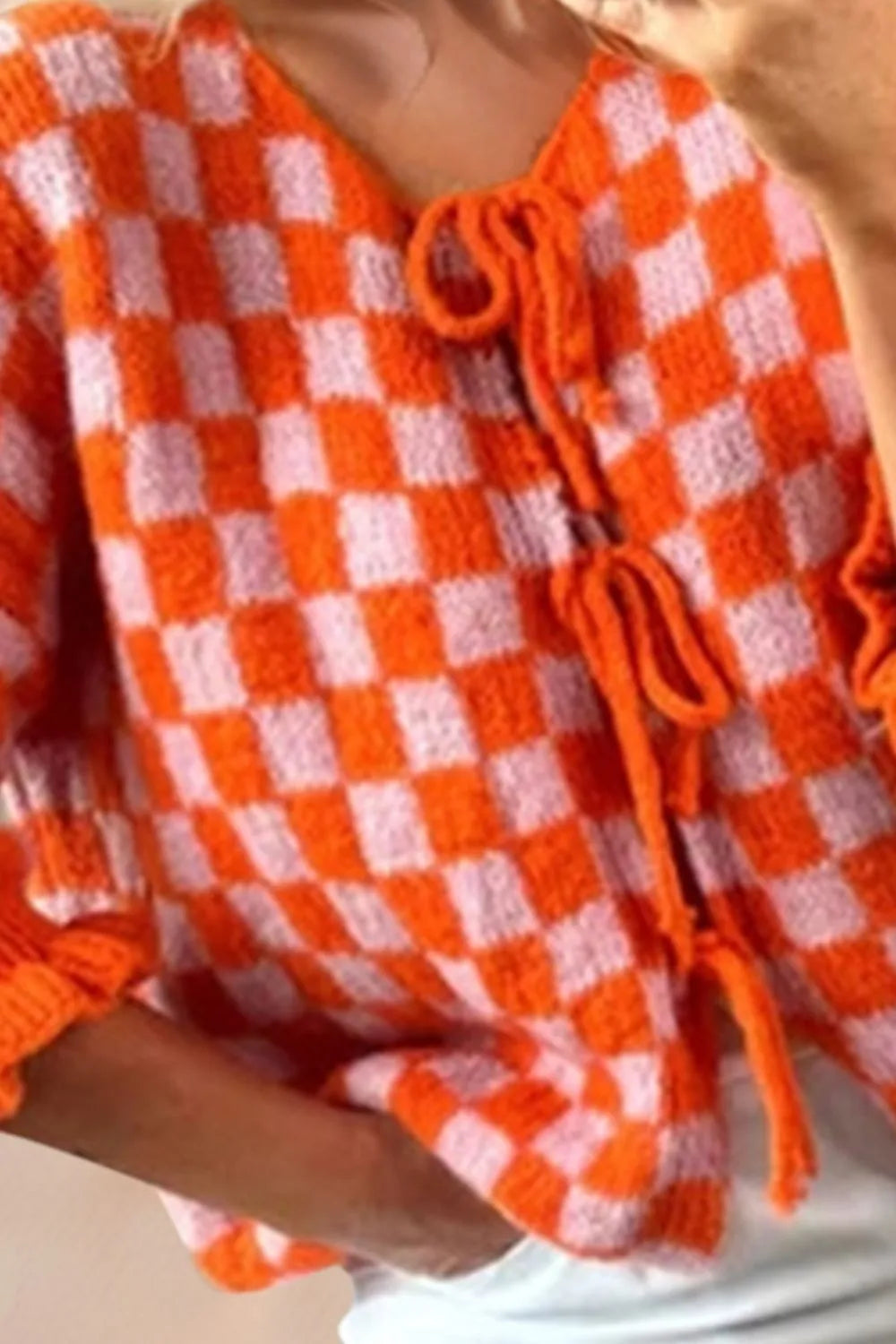 Double Take Tied Checkered Dropped Shoulder Flounce Sleeve Cardigan | Cardigans Daverri Fashions