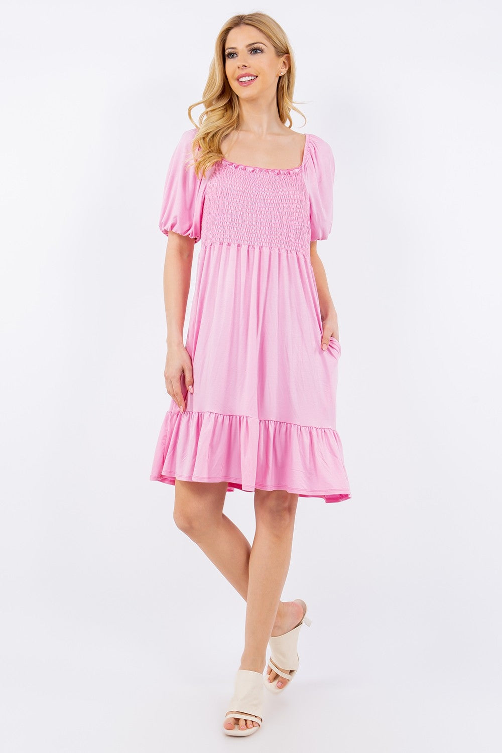 Celeste Full Size Smocked Square Neck Puff Sleeve Ruffle Hem Dress Plus Size Knee Length Dresses