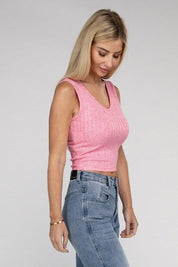 Ribbed Scoop Neck Cropped Sleeveless Top Tank Tops