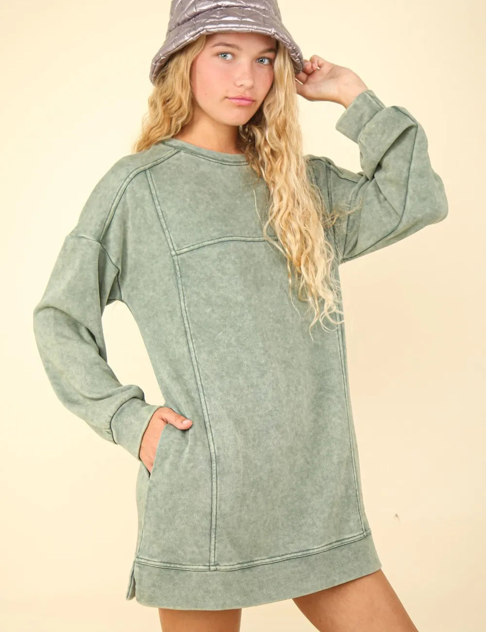 Sage L VERY J Mineral Washed Oversized Sweatshirt Mini Dress | Mini Dresses Daverri Fashions