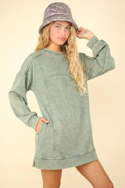 Sage L VERY J Mineral Washed Oversized Sweatshirt Mini Dress | Mini Dresses Daverri Fashions