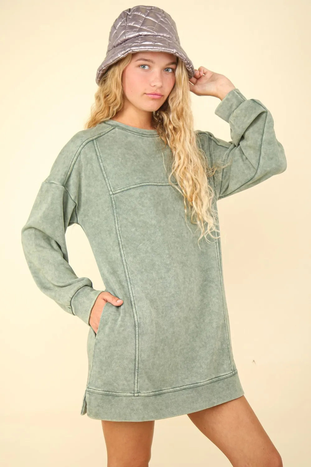 VERY J Mineral Washed Oversized Sweatshirt Mini Dress Sage Mini Dresses