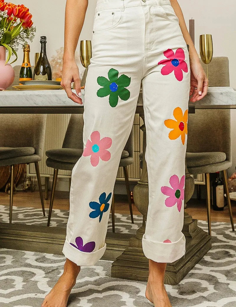 OFF WHITE BiBi Flower Print Straight Legs Pants | Pants Daverri Fashions