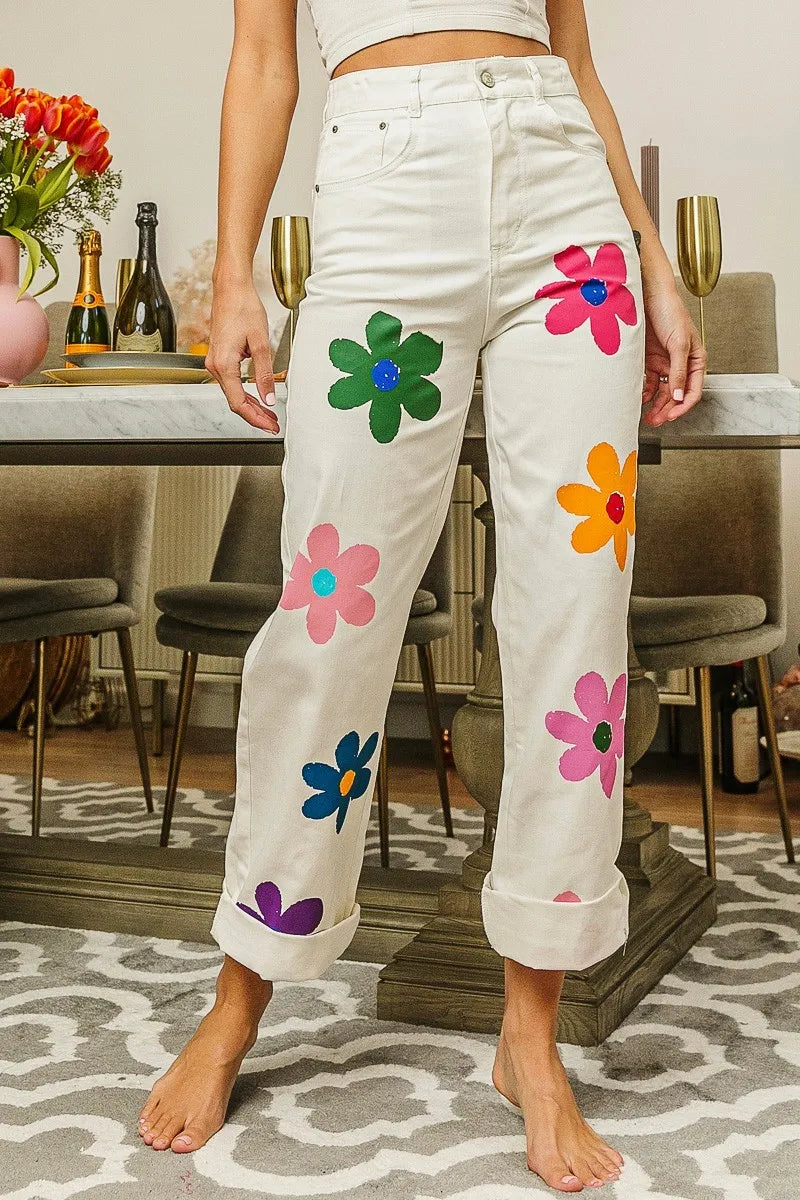 BiBi Flower Print Straight Legs Pants OFF WHITE Pants