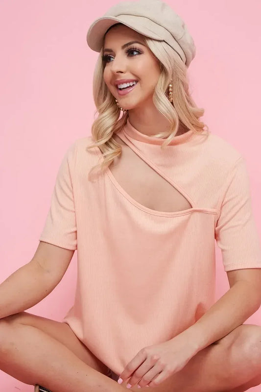 BiBi Rib Knit With Front Cut Out Mock Neck Top - DAVERRI FASHIONS