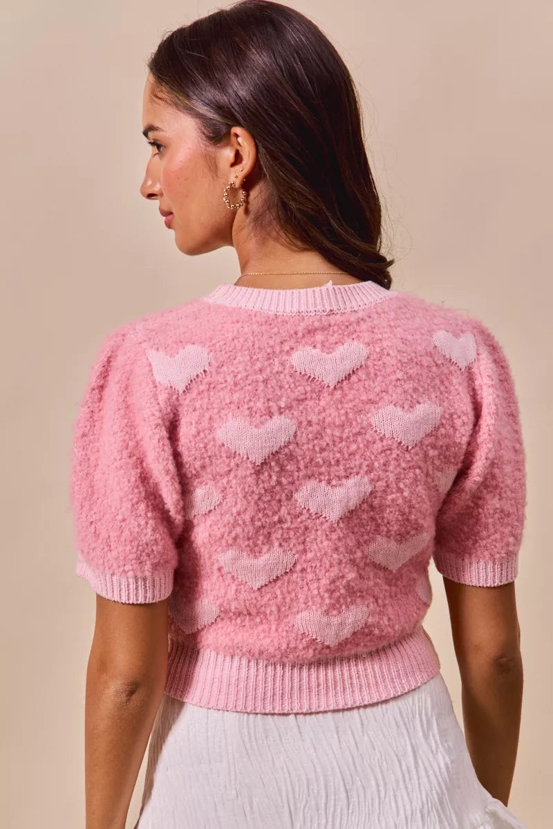 SO ME All Over Heart Valentine Cropped Sweater in soft pink fuzzy knit
