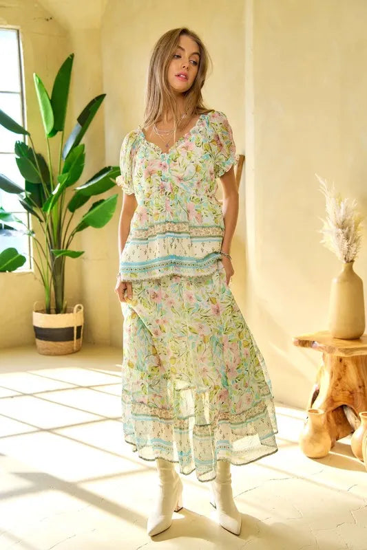 Davi & Dani spring floral border print ruffled textured top in pastel hues