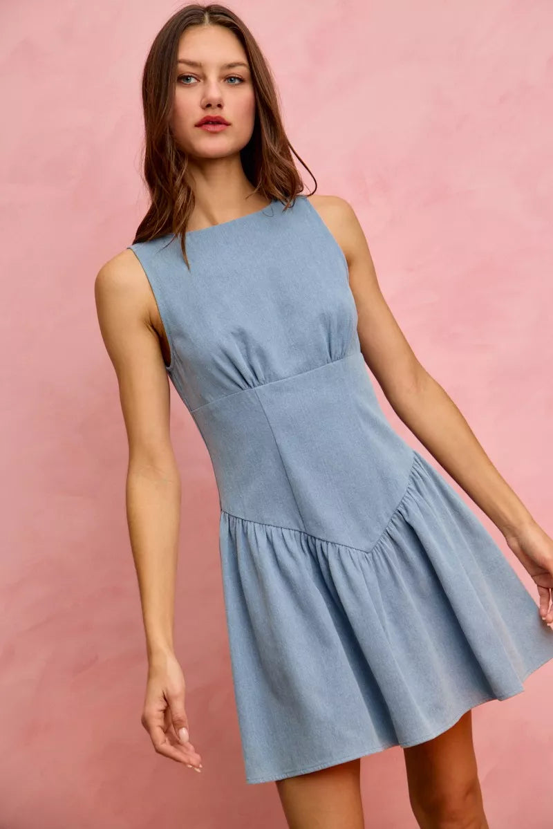 SO ME fit and flare sleeveless denim mini dress in light blue