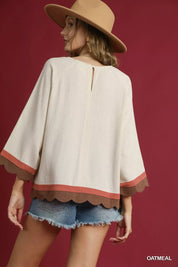 Umgee Scalloped Hem Color Block Top | Blouses Daverri Fashions