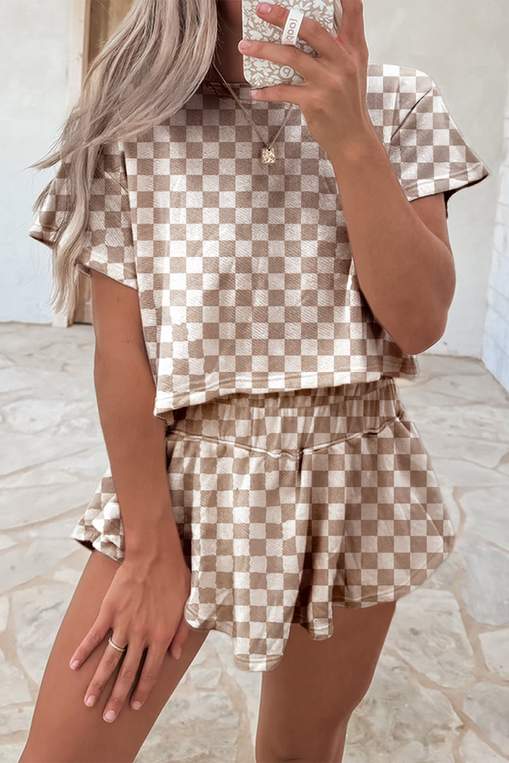 Brown 95%Polyester+5%Elastane Pink Checkerboard T Shirt and High Waist Skorts 2 Piece Outfit | Two Piece Sets/Short Sets Daverri Fashions