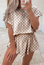 Brown 95%Polyester+5%Elastane Pink Checkerboard T Shirt and High Waist Skorts 2 Piece Outfit | Two Piece Sets/Short Sets Daverri Fashions
