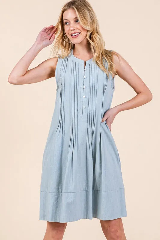 Lime N Chili sleeveless light blue pintuck a-line midi dress
