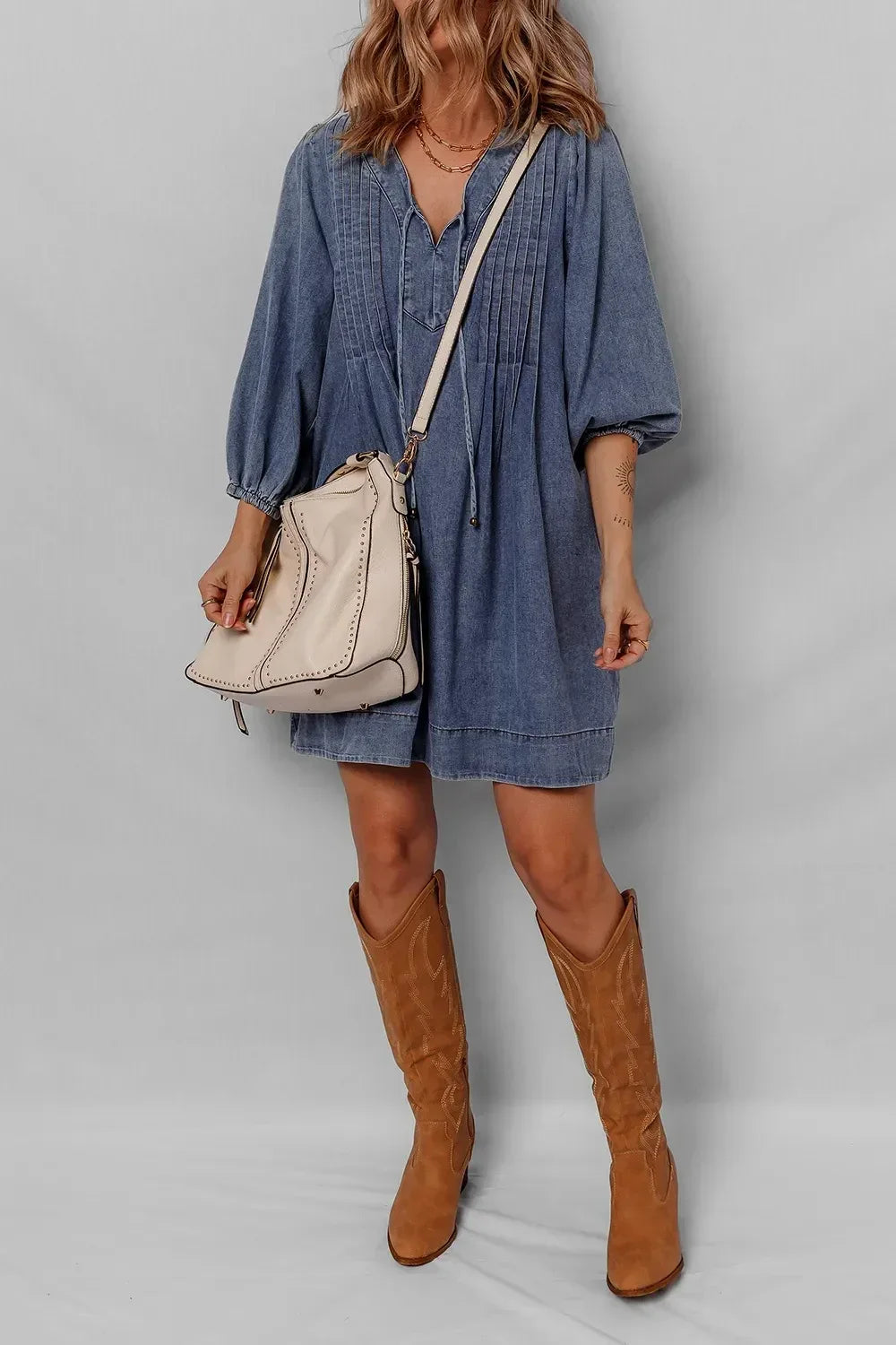 Tie Neck Long Sleeve Mini Denim Dress - DAVERRI FASHIONS
