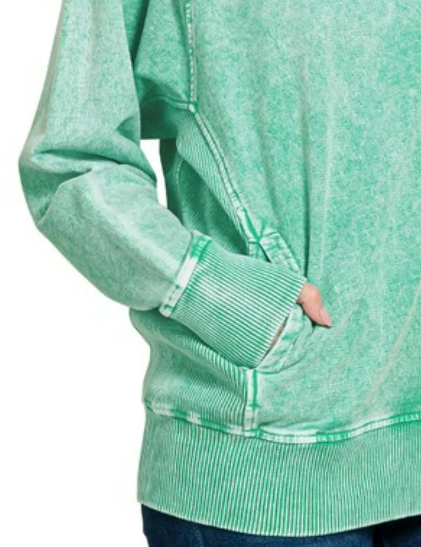 Zenana Halo Snow Washed French Terry Round Neck Sweatshirt K Green | Sweatshirts Daverri Fashions