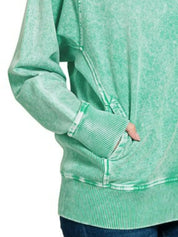 Zenana Halo Snow Washed French Terry Round Neck Sweatshirt K Green | Sweatshirts Daverri Fashions