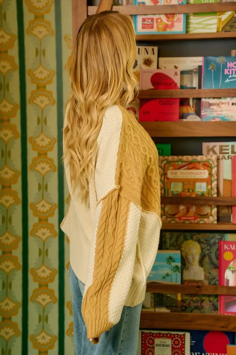 BiBi Cable Knit With Hacci Combo Sweater With Uneven Hem Detail - DAVERRI FASHIONS