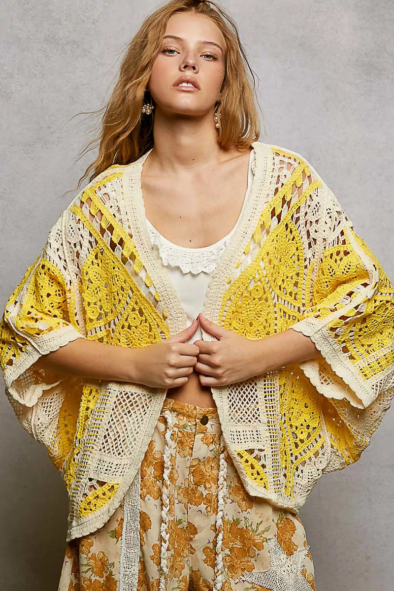 Yellow and cream POL open front crochet cardigan with lace and scalloped edge