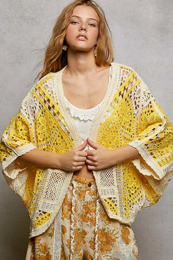 Yellow and cream POL open front crochet cardigan with lace and scalloped edge