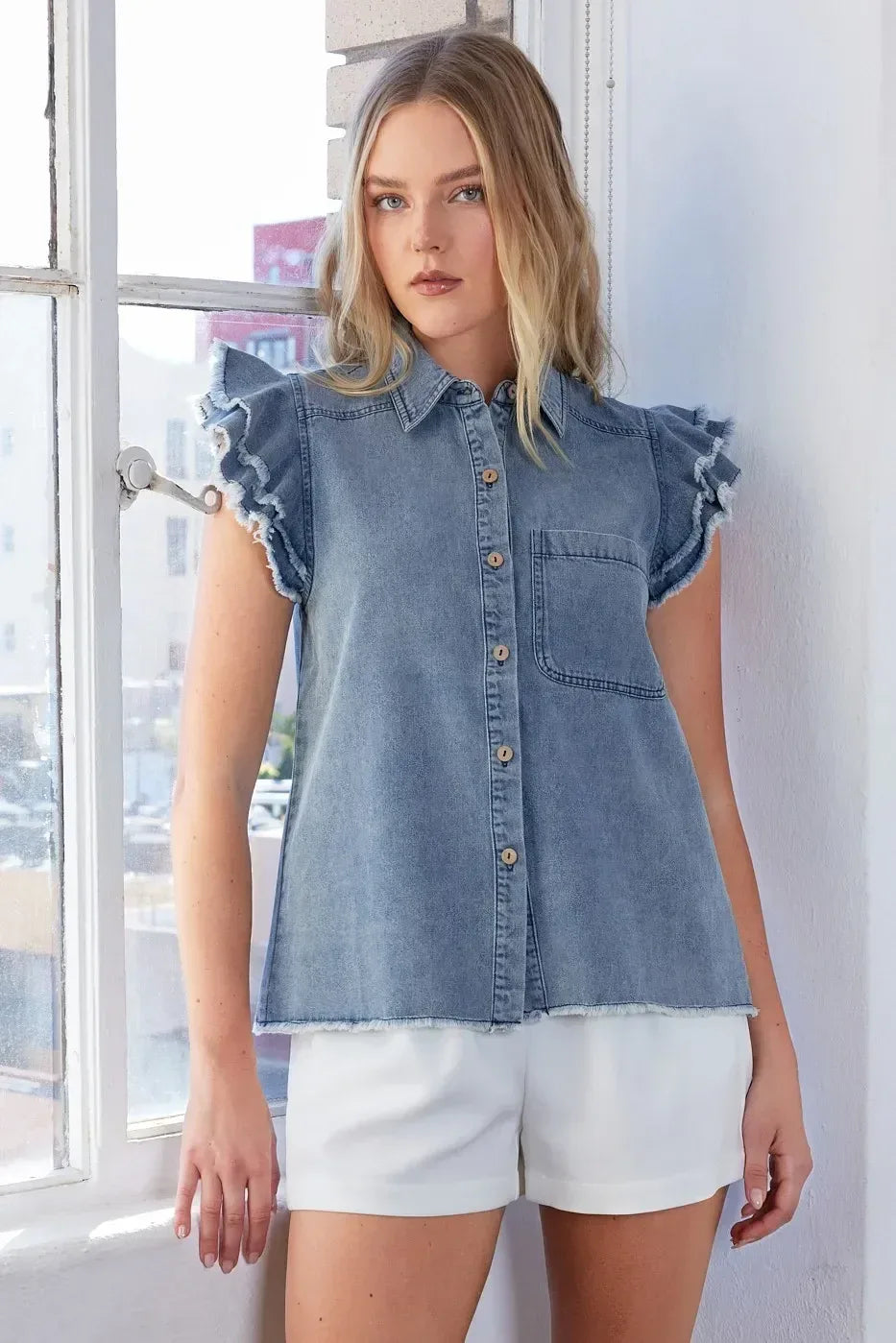 Mittoshop Washed Denim Ruffle Short Sleeve Collared Shirt - DAVERRI FASHIONS