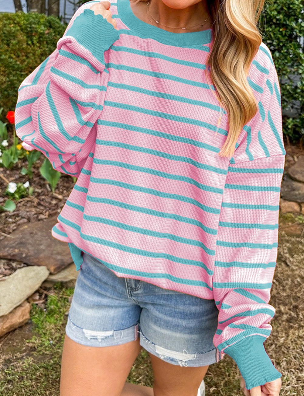 Pink Stripe 50%Viscose+28%Polyester+22%Polyamide Orange Stripe Trimmed Round Neck Drop Shoulder Loose Sweater | Sweaters Daverri Fashions