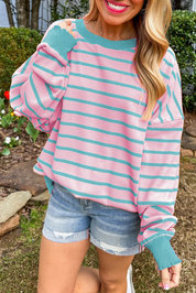 Pink Stripe 50%Viscose+28%Polyester+22%Polyamide Orange Stripe Trimmed Round Neck Drop Shoulder Loose Sweater | Sweaters Daverri Fashions