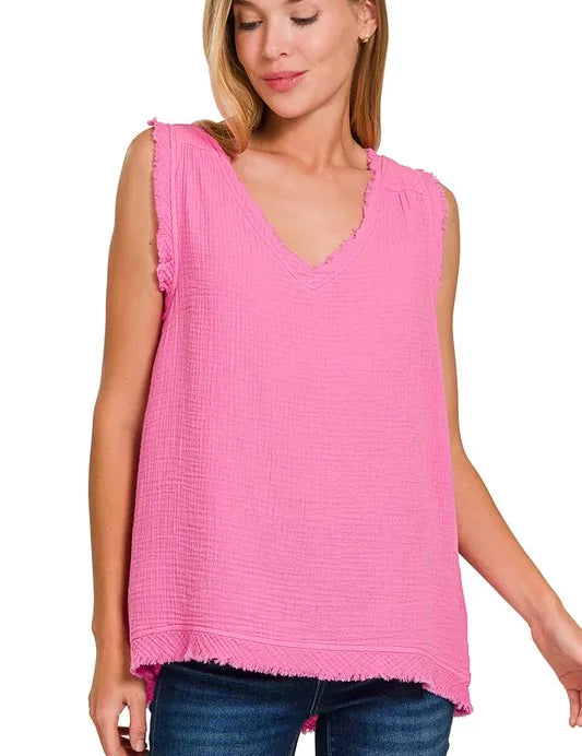 LT FUCHSIA Zenana Double Gauze Raw Edge V-Neck Tank | Daverri Fashions