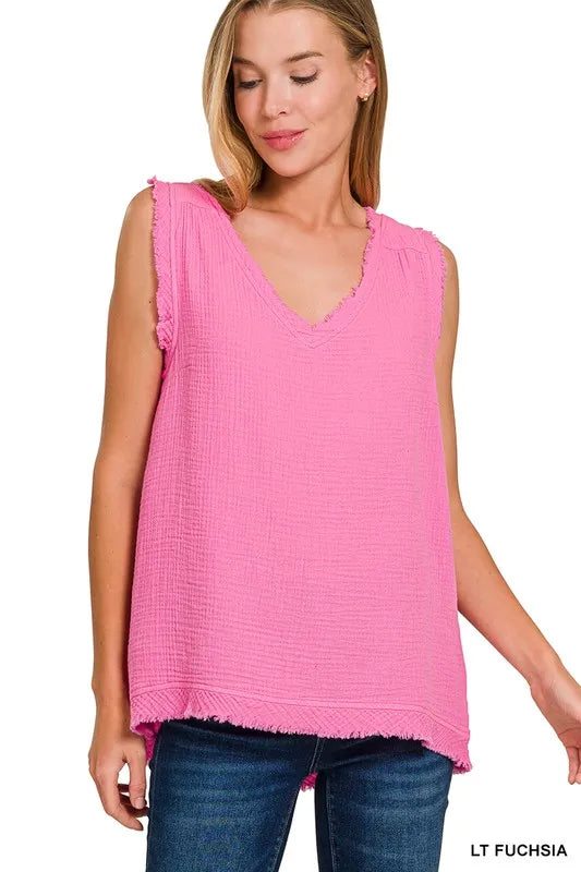 LT FUCHSIA Zenana Double Gauze Raw Edge V-Neck Tank | Daverri Fashions