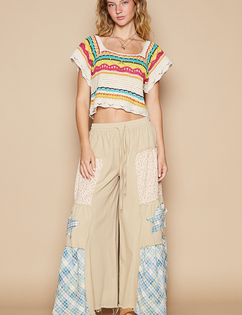 POL Openwork Ethnic Pattern Square Neck Cropped Knit Top