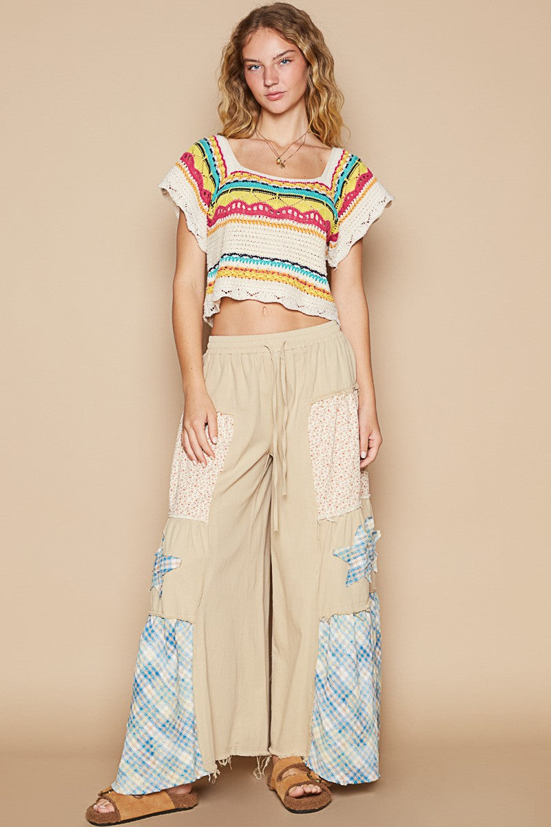 POL Openwork Ethnic Pattern Square Neck Cropped Knit Top Tops