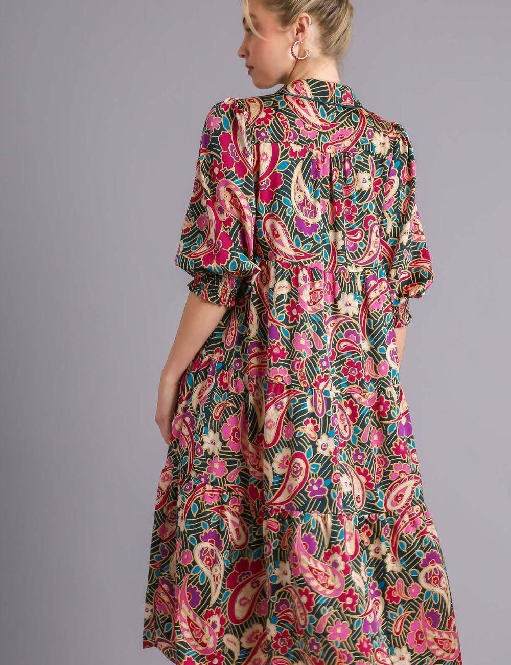 Umgee Full Size Paisley Print Satin Tiered Midi Dress Plus Size | Mid Dresses Daverri Fashions