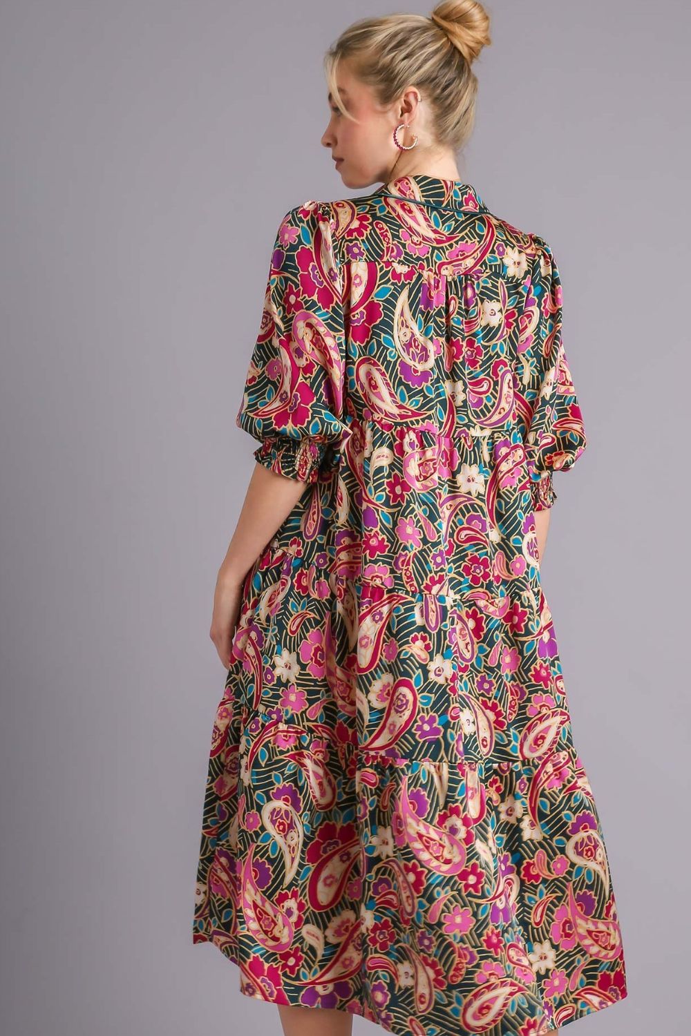 Umgee Full Size Paisley Print Satin Tiered Midi Dress Plus Size