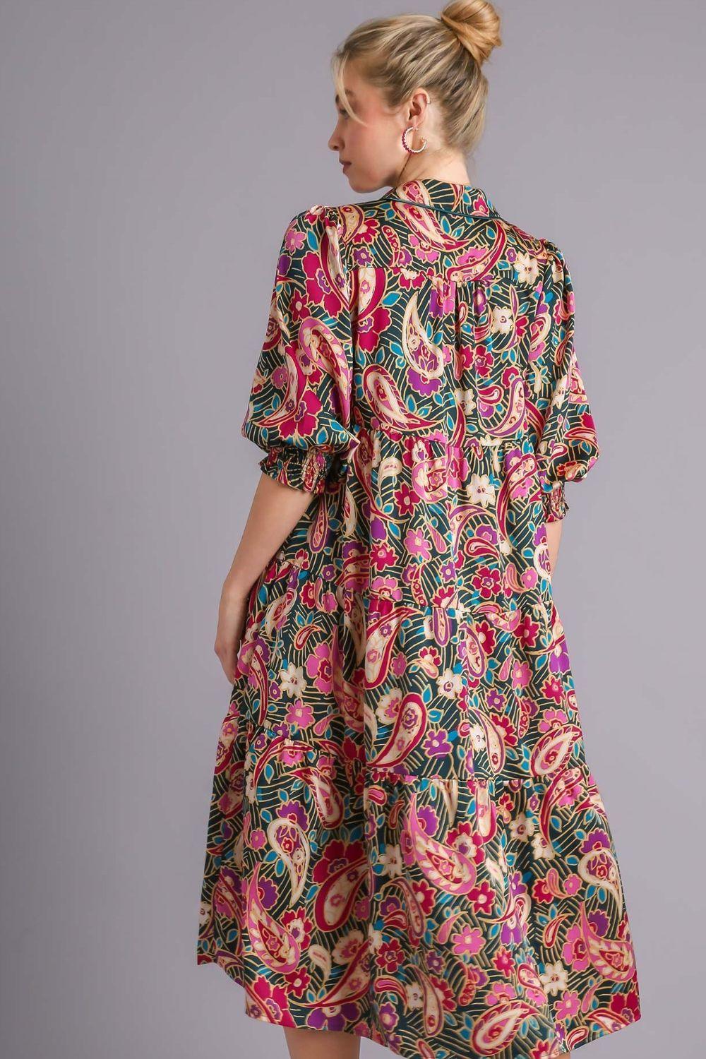 Umgee Full Size Paisley Print Satin Tiered Midi Dress Plus Size Mid Dresses