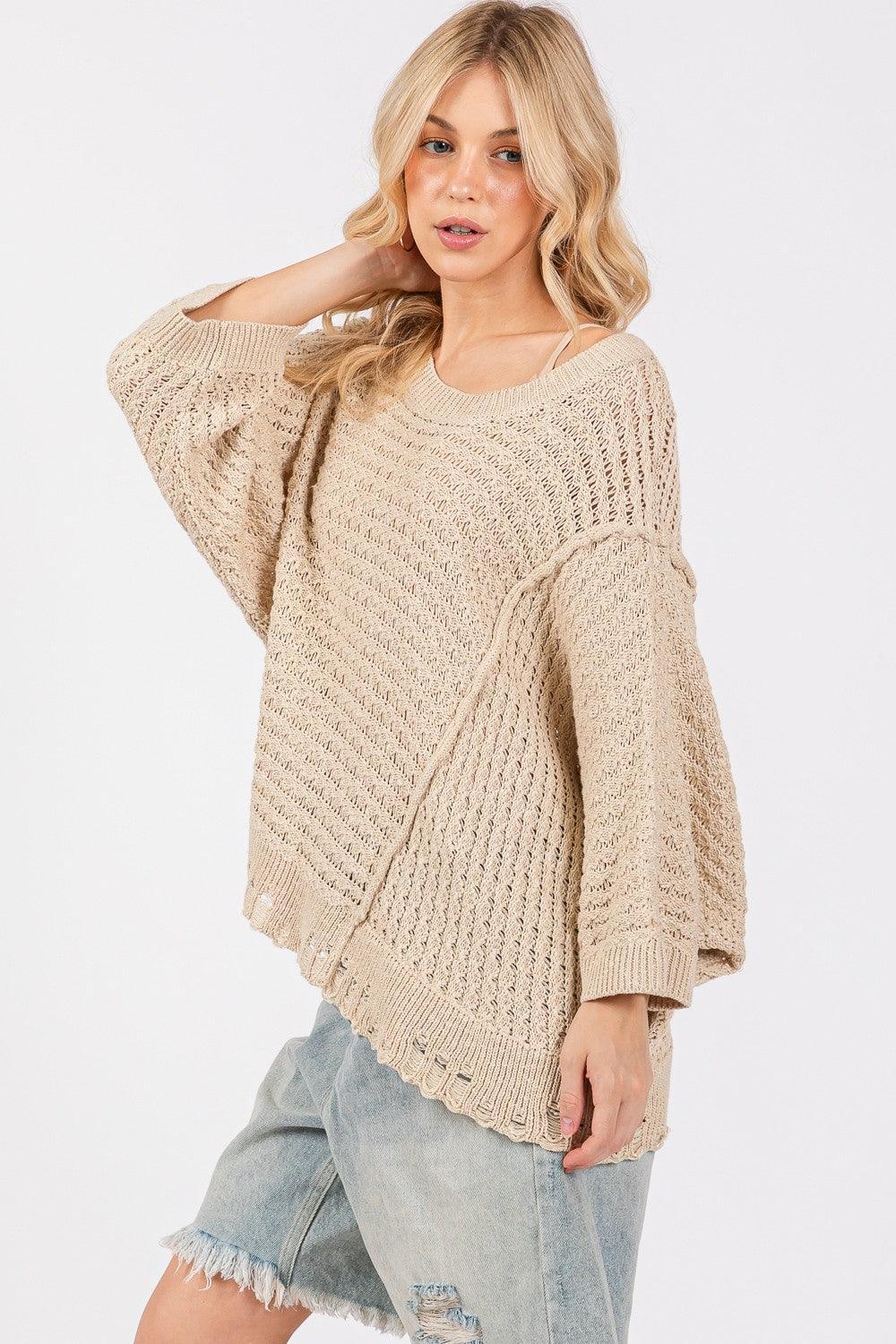 SAGE + FIG Distressed Asymmetrical Open Stitch Sweater - DAVERRI FASHIONS
