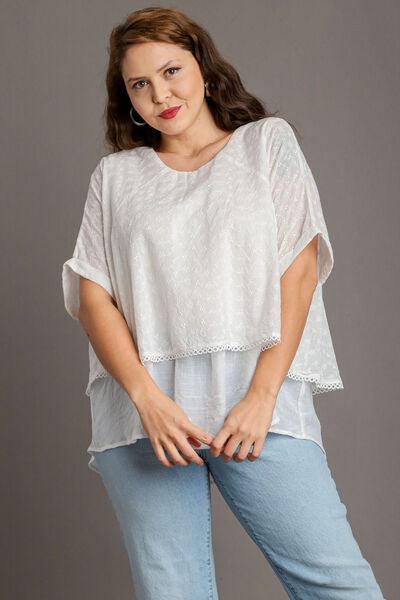 Umgee Full Size Eyelet Layered Short Sleeve Blouse Plus Size Blouses