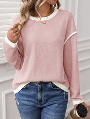 Ribbed Contrast Trim Long Sleeve Top | Knit Tops Daverri Fashions