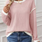 Ribbed Contrast Trim Long Sleeve Top - DAVERRI FASHIONS