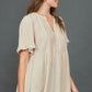 Umgee Full Size Raw Hem Notched Babydoll Linen Blouse Plus Size Blouses