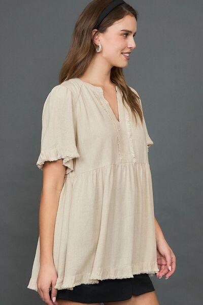 Umgee Full Size Raw Hem Notched Babydoll Linen Blouse Plus Size Blouses