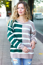 Hunter Green & Taupe Striped Color Block Sweater | Daverri Fashions