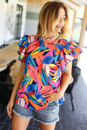 Tropical Vibes Blue & Pink Mock Neck Flutter Sleeve Top | Daverri Fashions