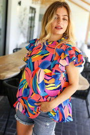 Tropical Vibes Blue & Pink Mock Neck Flutter Sleeve Top | Daverri Fashions