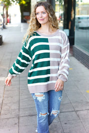 Hunter Green & Taupe Striped Color Block Sweater | Daverri Fashions