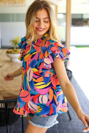 Tropical Vibes Blue & Pink Mock Neck Flutter Sleeve Top | Daverri Fashions